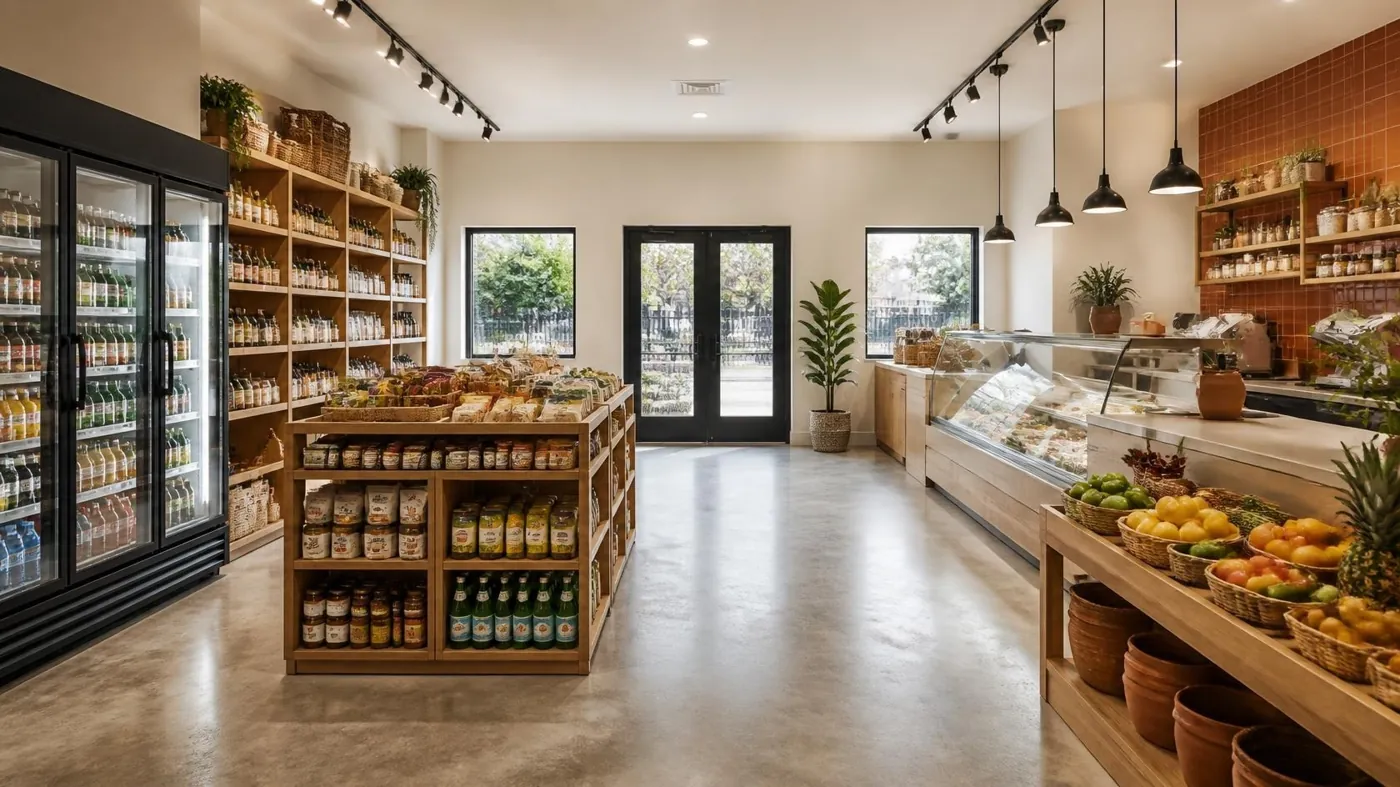 Concept rendering — corner market interior