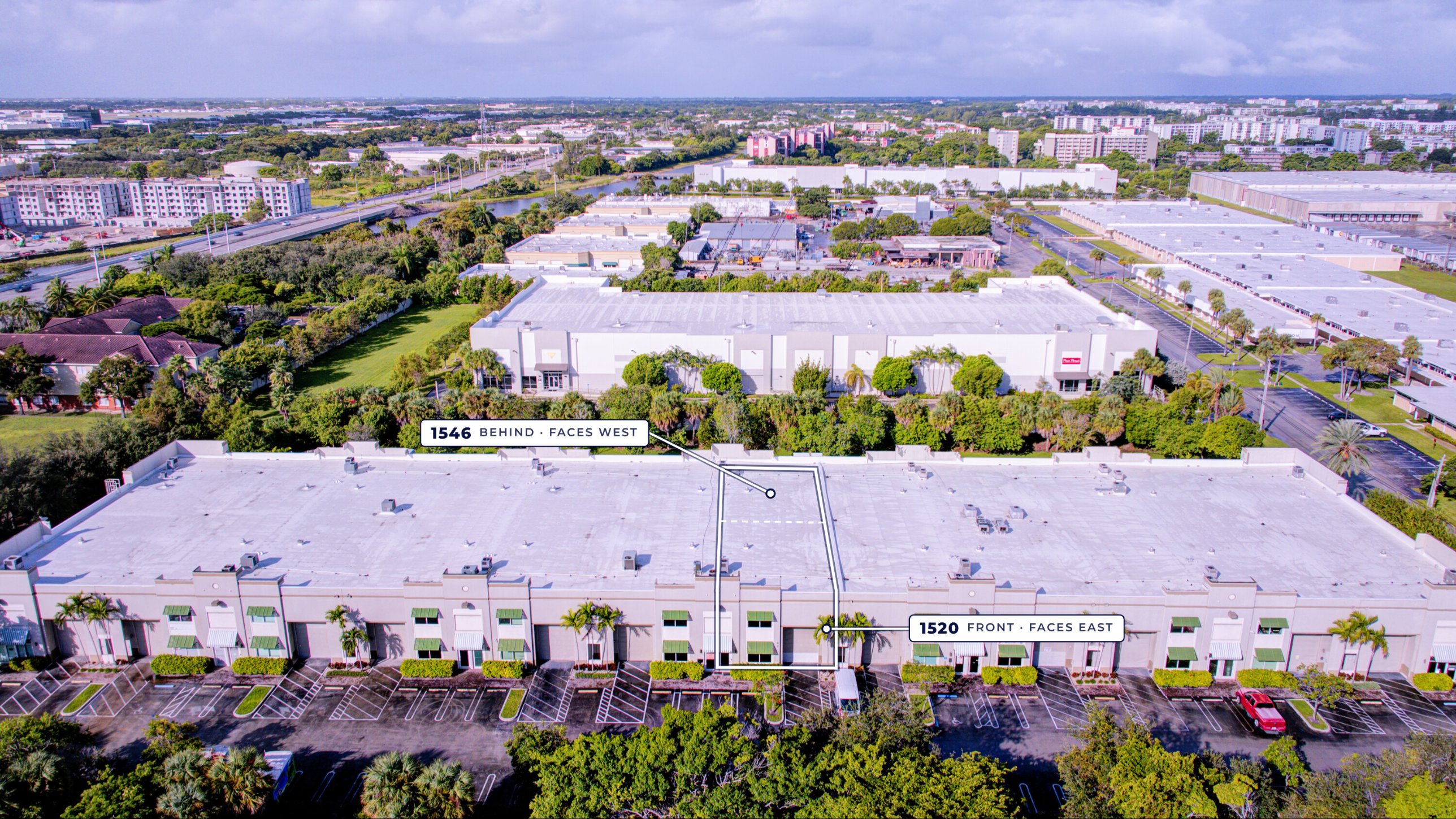Aerial view, east front, units outlined
